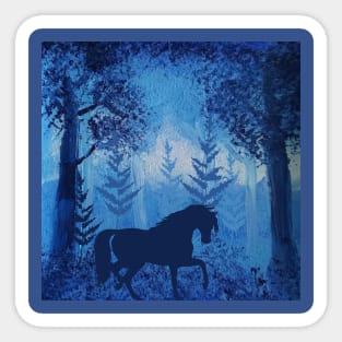 Horse in the Woods - Midnight Blue Forest Original Acrylic Art Painting Sticker